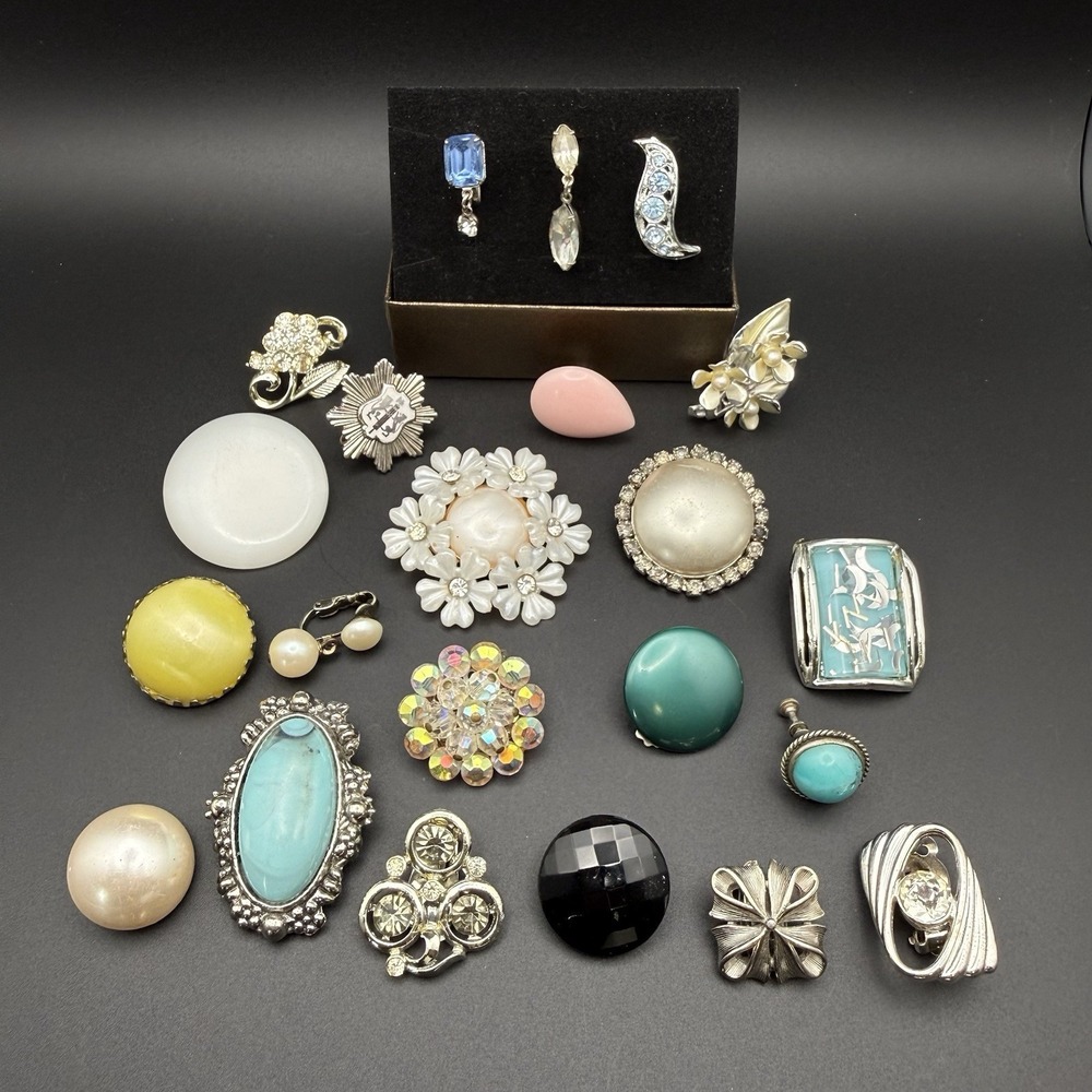 Vintage Silver Tone Clip On Earrings Lot AB Crystal Rhinestone Flower Cabochon